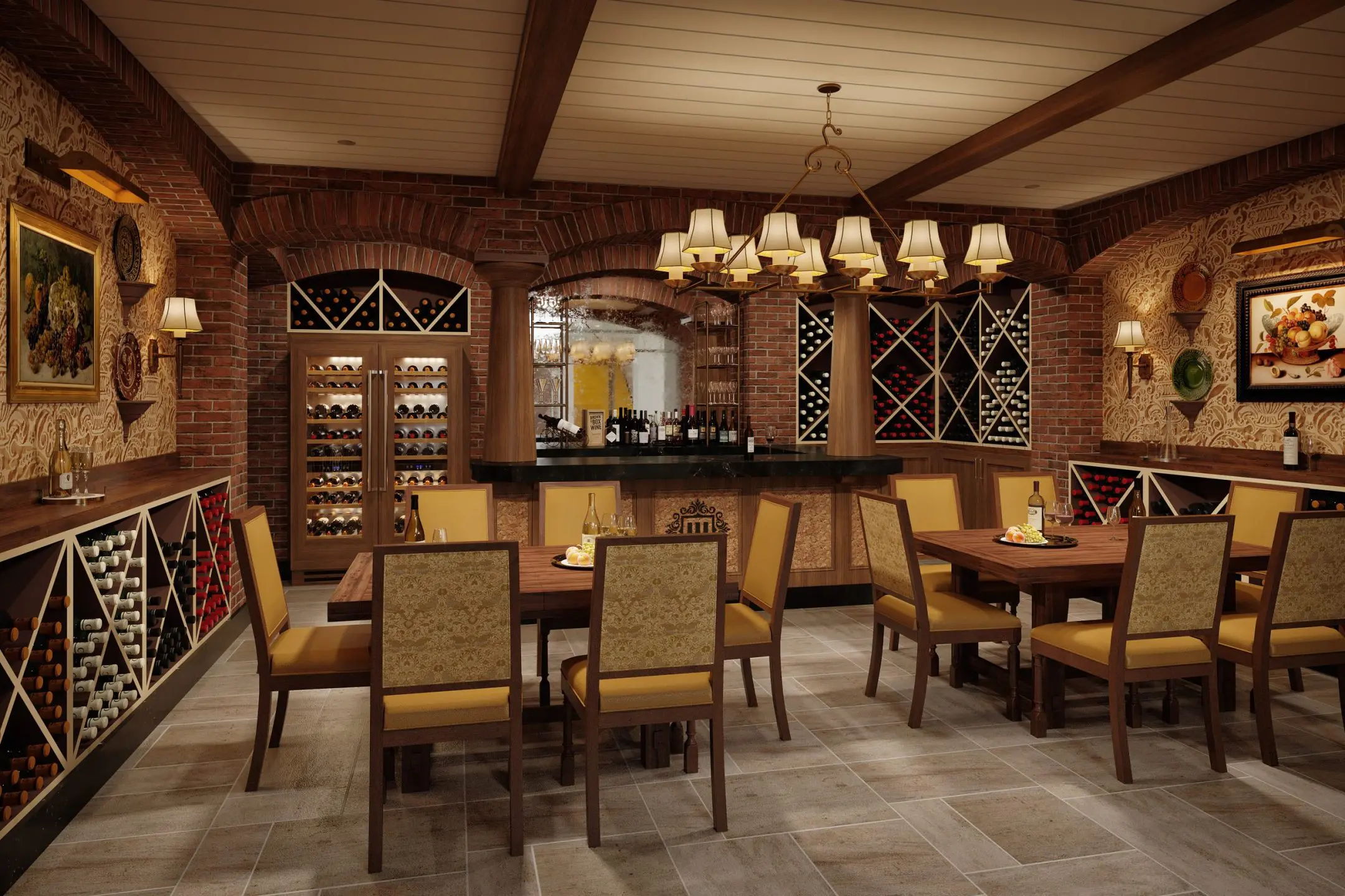 A wine cellar with seating area
