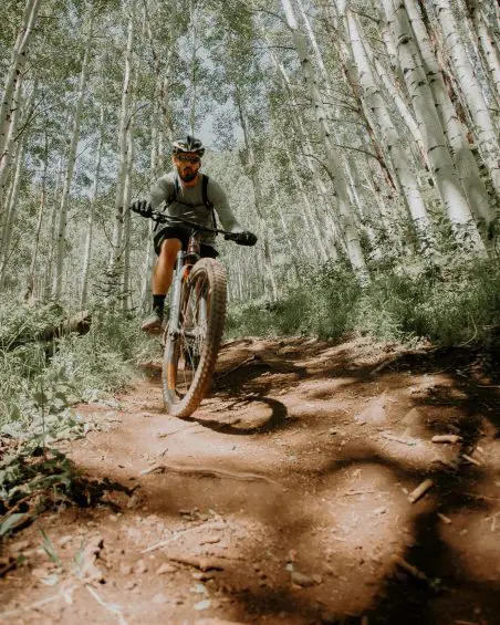 A man mountain biking in a forest