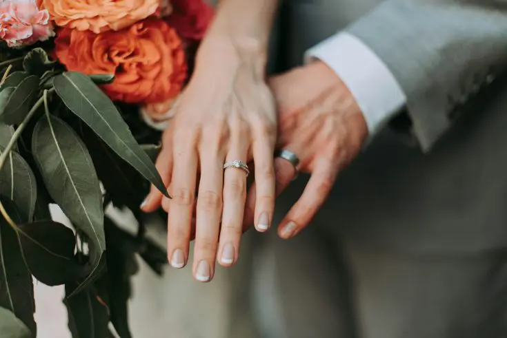 Two hands wearing wedding rings