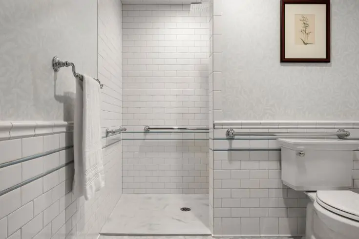 Accessible roll-in shower with grab bars